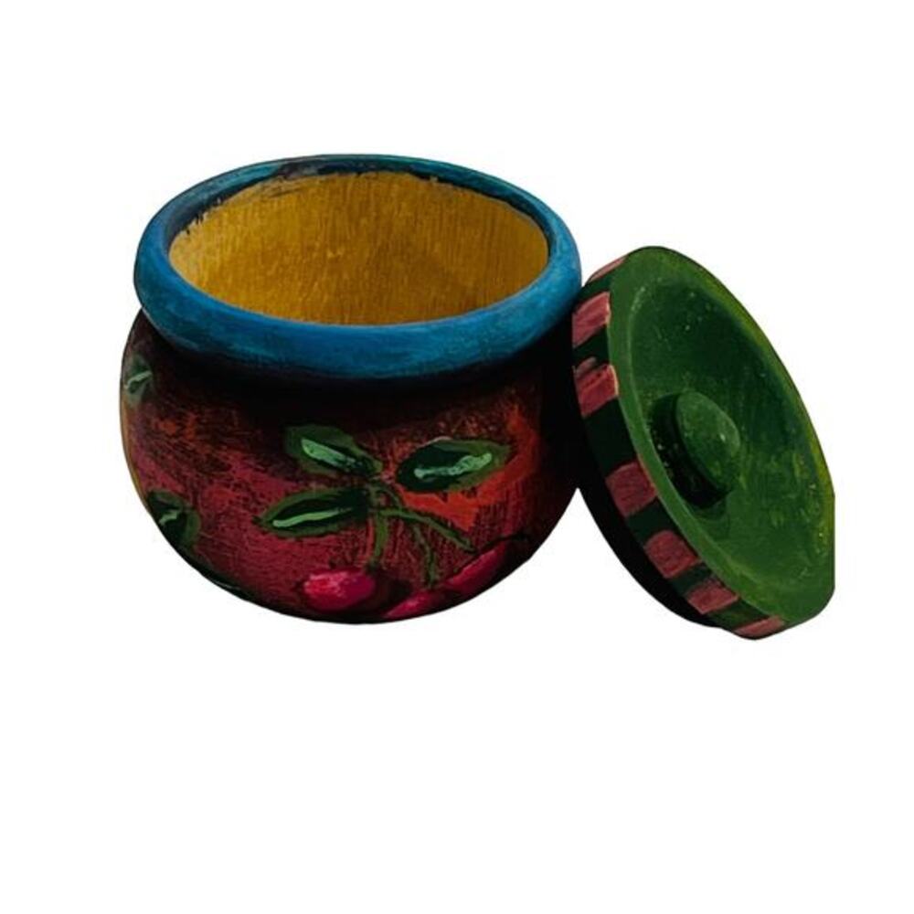 VTG Hand Painted Fruit Folk Art Wooden Trinket Jar w/‎ Lid Rustic Cottagecore